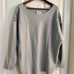 Scoop Neck Sweater with Embellished Cut-Out Lace & Rhinestone Shoulders